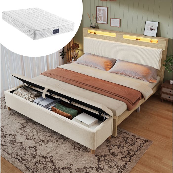 ULEVR Lit double 140x200 cm avec LED tête de lit avec rangement banc de lit coffre matelas inclus beige