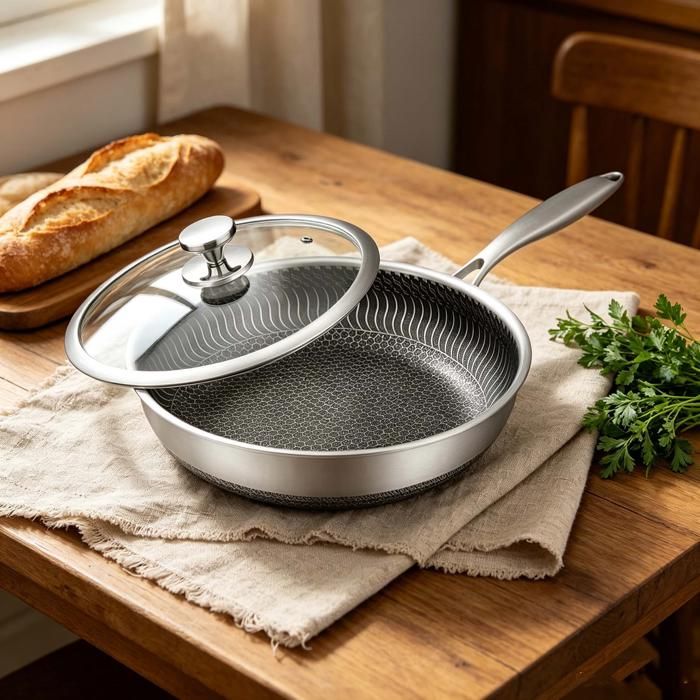 Poêle antiadhésive 26cm – Acier inoxydable – Sans PFOA – Compatible tous feux (dont induction) – Répartition homogène de la chaleur