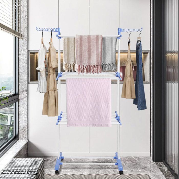 OHMG-Étendoir À Vêtements À Ailes Pliantes À Trois Couches Et Bipolaire-Avec Des Roue+Étagère À Chaussures-Bleu Et Blanc