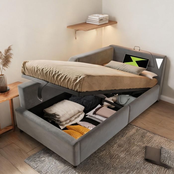 Méridienne convertible 90x190 cm en velours slate gray avec rangement hydraulique lampe de lecture et USB-C