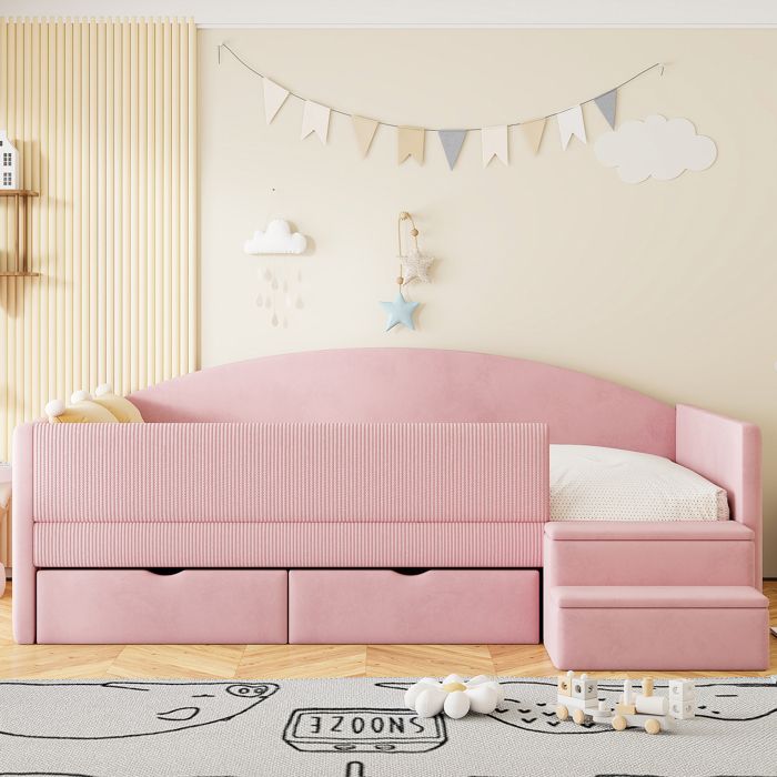 Lit enfant - KOMHTOM - Canapé lit multifonction - 90 x 190 cm - 2 tiroirs - Velours rose Lit enfant - KOMHTOM - Canapé lit multifonction - 90 x 190 cm - 2 tiroirs - Velours rose