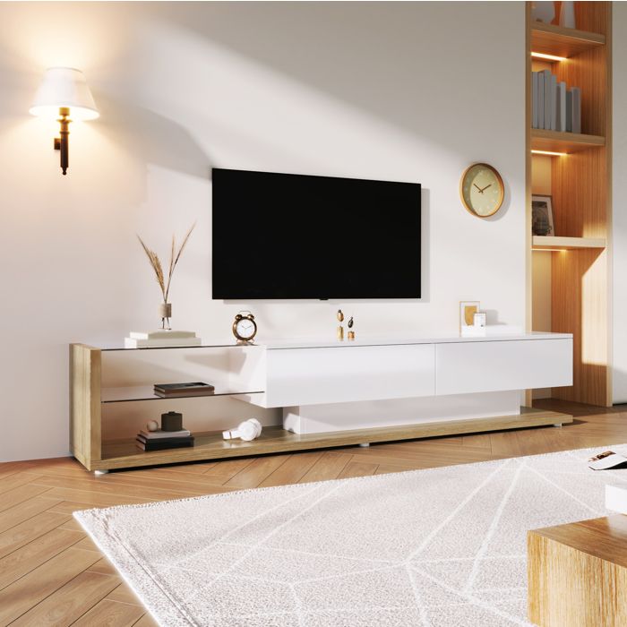 Meuble TV - 2 tiroirs - Cloisons vitrées - éclairage LED modulable - blanc brillant - 170x36x38cm