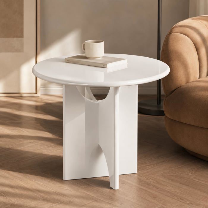 Table Basse Ronde Blanche 60 cm Table d’appoint Moderne avec Surface laquée Brillante