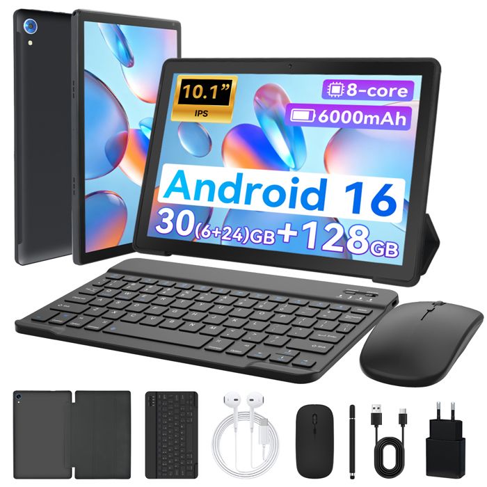 Tablette Tactile 10 Android 16 24 Go RAM + 128 Go ROM Octa-Core 6000 mAh Widevine L1 Caméra 8 MP + 5 MP WiFi 6 Noir