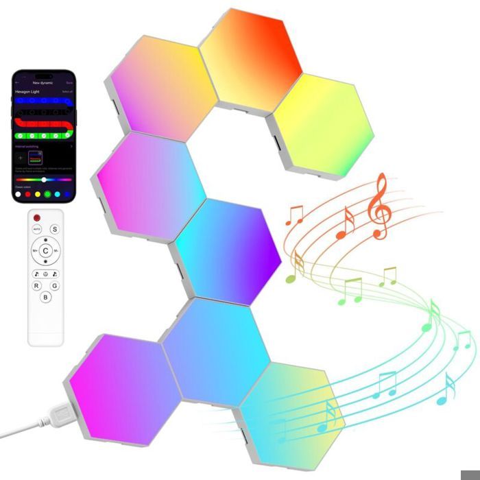 Panneau LED Hexagonal Gaming Murale Lampe— 8pcs Smart Music Sync Deco Modulaires RGB Lights App&Télécommande Contrôle Gaming Setup D