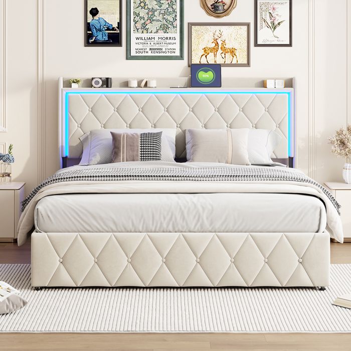 Lit 140x190 cm avec rangement Lit Coffre 140x190 avec LED Tête de lit avec rangement USB Lit double avec sommier Velours Beige