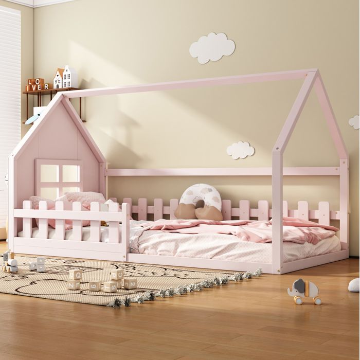 Lit cabane enfant 90 x 200 cm rose structure en pin et MDF sommier à 7 lattes inclus