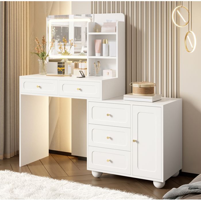 WOVREO Coiffeuse blanche avec miroir LED 5 tiroirs 1 porte et 3 étagères 80 x 398 x 127 cm