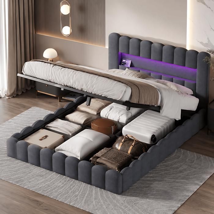 Lit coffre 140x200 cm avec LED RGB et USB/Type-C Rangement hydraulique Lit double avec sommier à lattes Sans matelas Lin gris