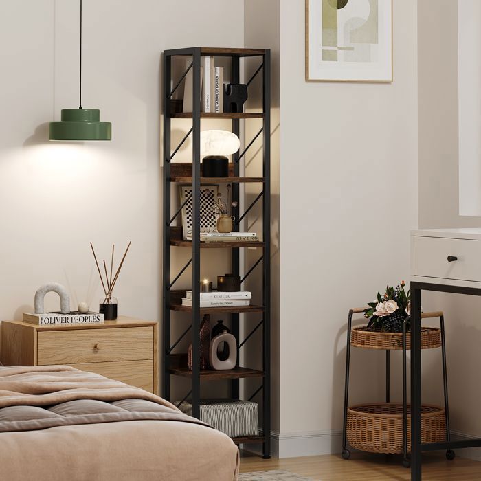 Étagère à livres – Meuble de rangement à 6 niveaux – Structure en métal pieds réglables – 168 × 30 × 35 cm – Grisrétro