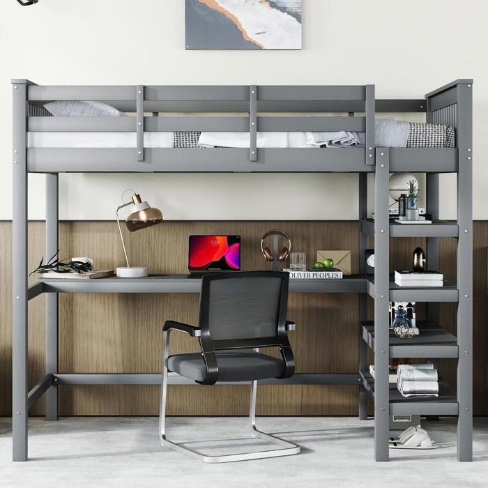 Lit mezzanine - KOMHTOM - 90x200 cm - Bureau intégré - Étagères - Garde-corps sécurité Lit mezzanine - KOMHTOM - 90x200 cm - Bureau intégré - Étagères - Garde-corps sécurité