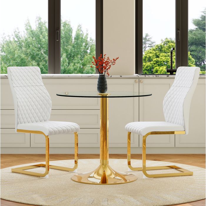 Ensemble table repas ronde en verre trempé 85 cm avec 2 chaises salle à manger blanc doré style luxe léger ORVRYN