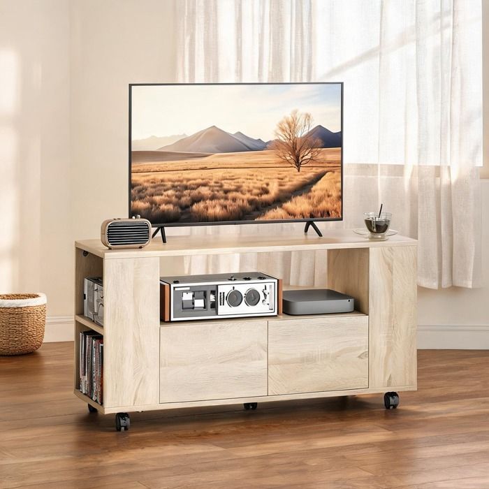 Meuble TV 102 cm en panneau de particules naturel 5 roulettes pivotantes rangements ouverts et tiroirs