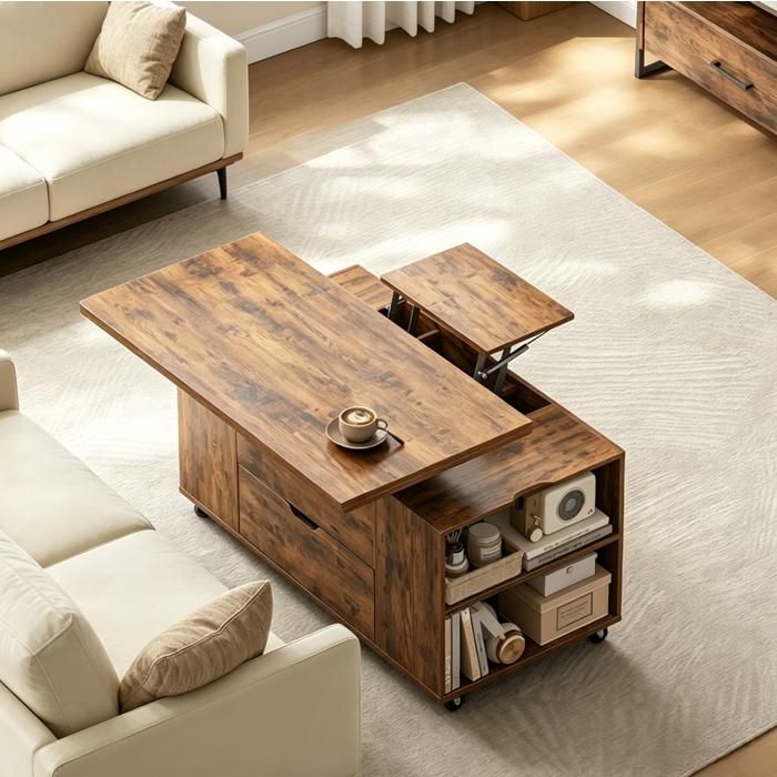 MEUBLIV Table basse relevable à roulettes verrouillables 1 tiroir rangement bois et métal marron rustique
