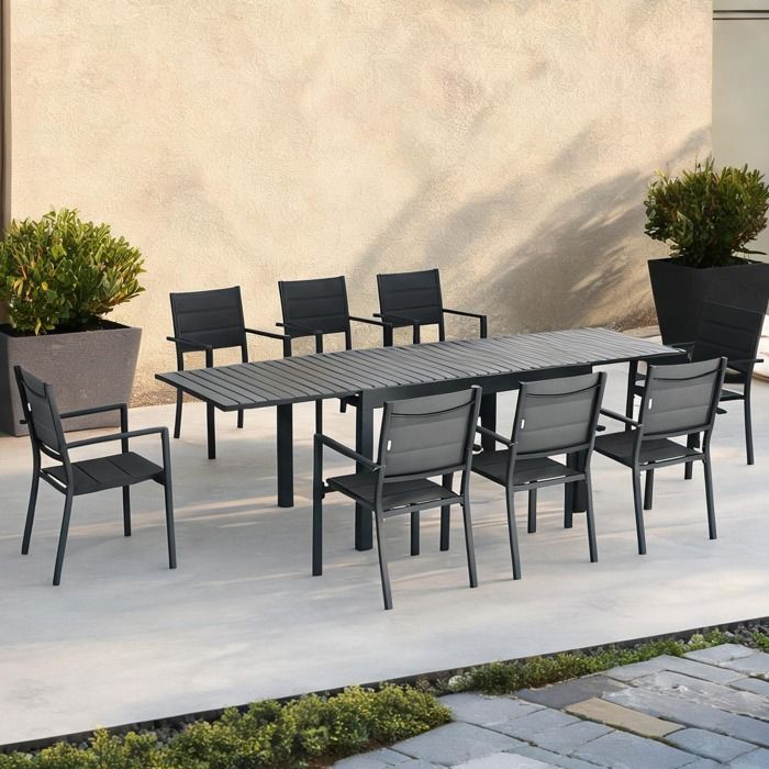 Salon de jardin extensible 8 places en aluminium et textilène gris table 135-270 cm