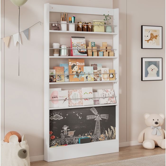 Bibliothèque enfant ultra-plate 100 x 10 x 180 cm 4 étagères ouvertes avec tableau noir MDF et métal blanc