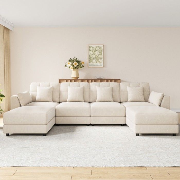 Canapé dangle modulable U/L beige chenille LED table rabattable 2 poufs 6 coussins 292x135x82cm Canapé dangle modulable U/L beige chenille LED table rabattable 2 poufs 6 coussins 292x135x82cm