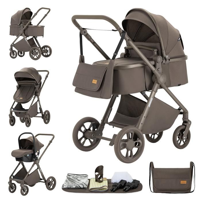 Poussette Bébé 3 en 1 avec Siège Auto Nouveau-Né Pliable Compacte Cadre Aluminium Léger Siège Respirant Voyage Vue Surélevée