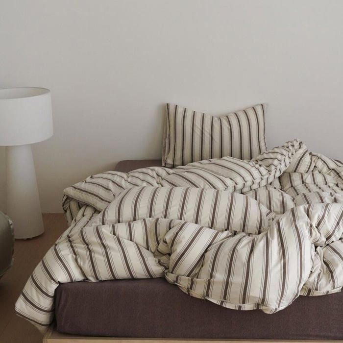 Housse de couette 200x200 cm rayures marron beige - lot de 2 taies 65x65 cm microfibre fermeture éclair