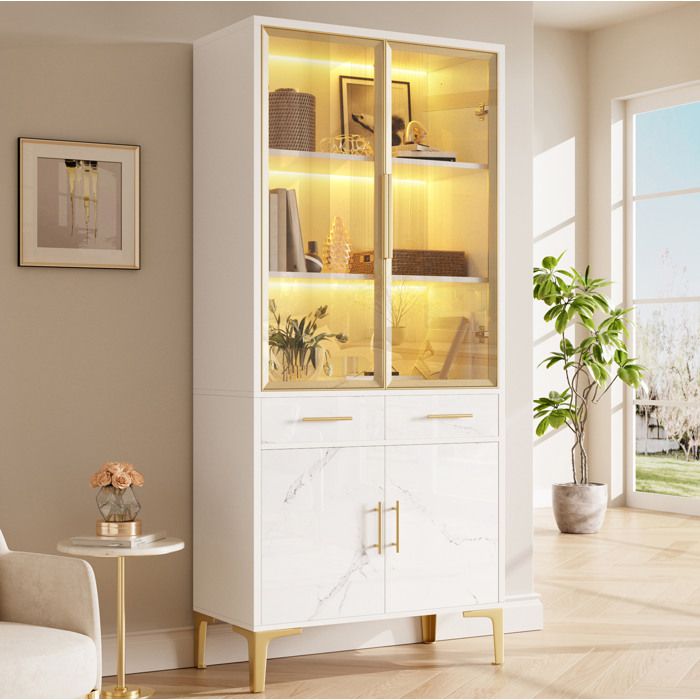 Vitrine haute porte vitrée LED APP effet marbre blanc 2 tiroirs 3 étagères pieds métal buffet haut JOINERY
