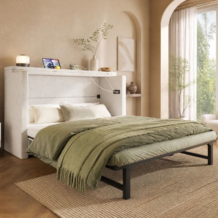 Lit escamotable 140x200 avec tiroir ports USB et Type-C armoire-lit beige en lin sans matelas TYNQER