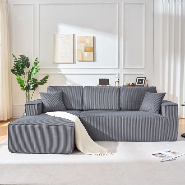Canapé dangle compressé modulable gris en corduroy 235 x 128 x 60 cm avec 2 coussins sans montage TYNQER