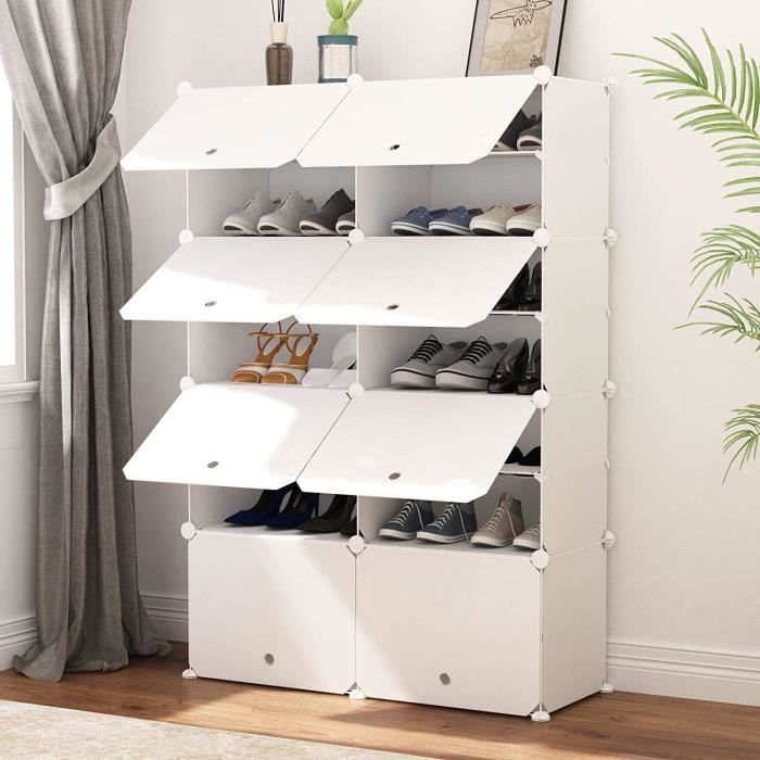 armoire à chaussures en plastique meuble à chaussures 7 niveaux avec portes diy -80x30x120cm