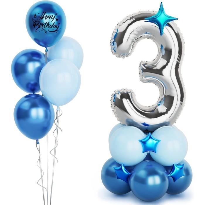 40 Pouces Argenté Ballon Chiffre 3, Ballon Numéro 3, 3 Ans Age Argenté  Hélium Ballon Anniversaire,Ballon Bleu (Chiffre 3)[Z373]