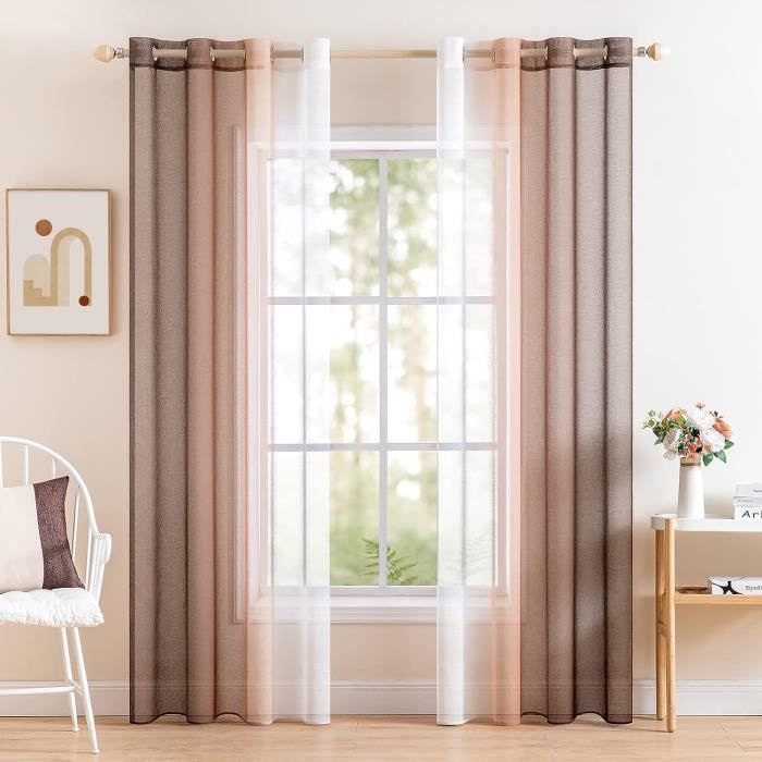 Store Romain SIMPVALE Avec Broderie Voilage Tulle - Rideau Lin Coton Chambre, 60x140cm Brun Clair