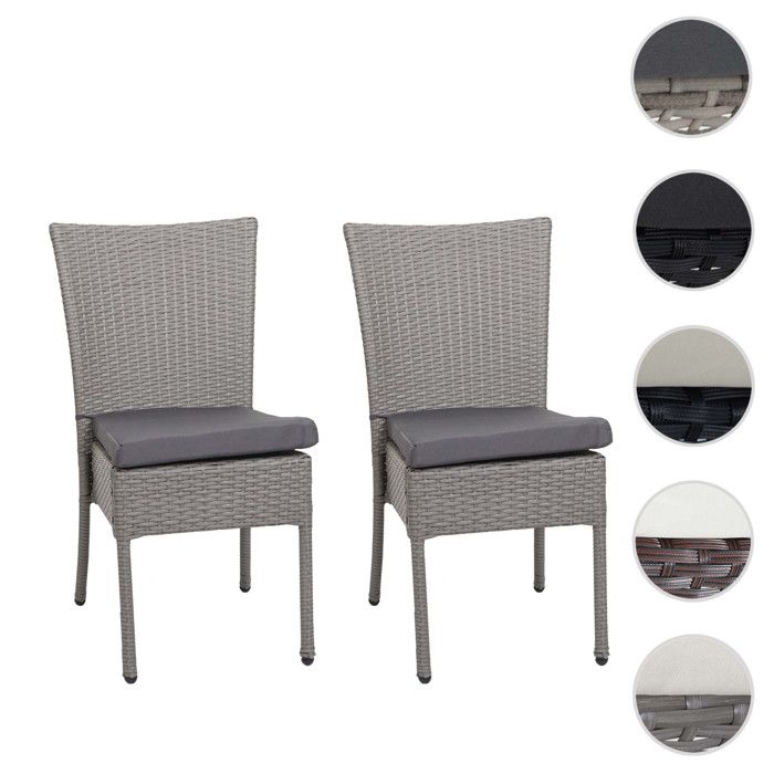 Lot de 2 chaises en poly rotin HWC-G19 - chaise de balcon chaise de jardin - empilable - gris - coussin crème
