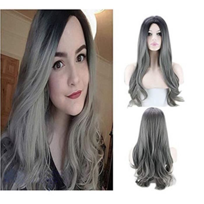 Sexy Dégradé Gris Parti Perruques Longs Cheveux Bouclés Couleurs Mixtes Perruque Synthétique Yua2325
