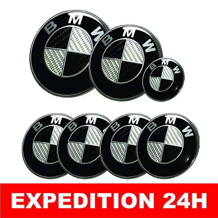 KIT 7 Badge Insigne Logo Embleme BMW Carbone Noir Capot 82mm -Coffre 74mm -Volant - Cache Moyeu 68mm