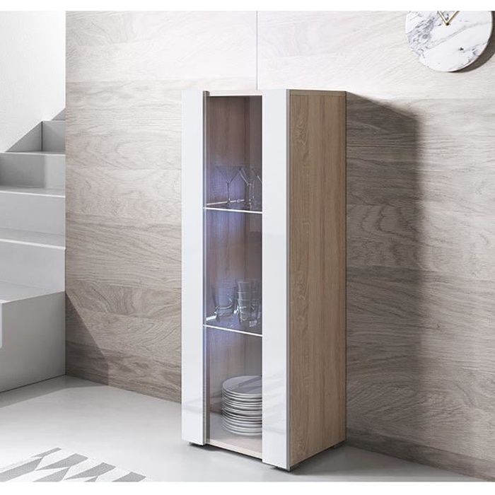 vitrine armoire 1 porte led - luke v2 - blanc et sonoma - 3 compartiments - finition brillante