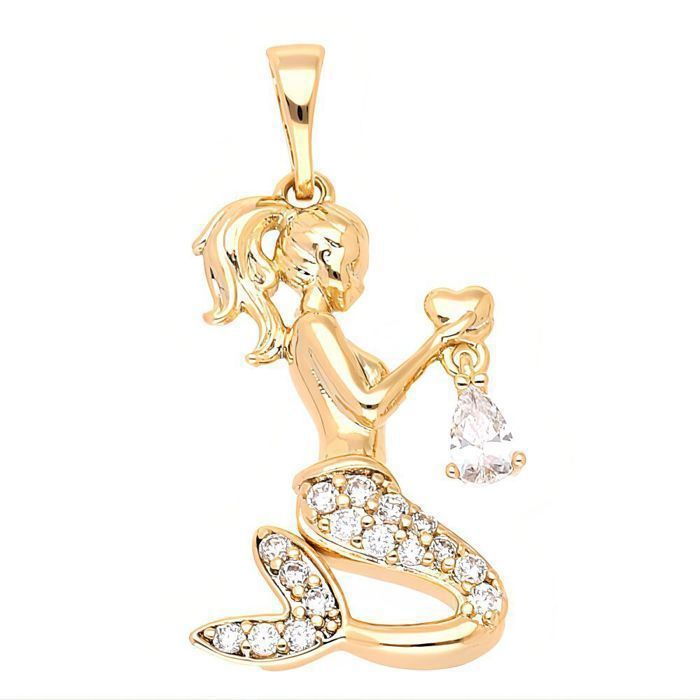 Pendentif - Femme/Enfant - Sirène - Cristal - Blanc - Plaqué Or Jaune 750/1000 - 3 Microns - 30 x 16 mm