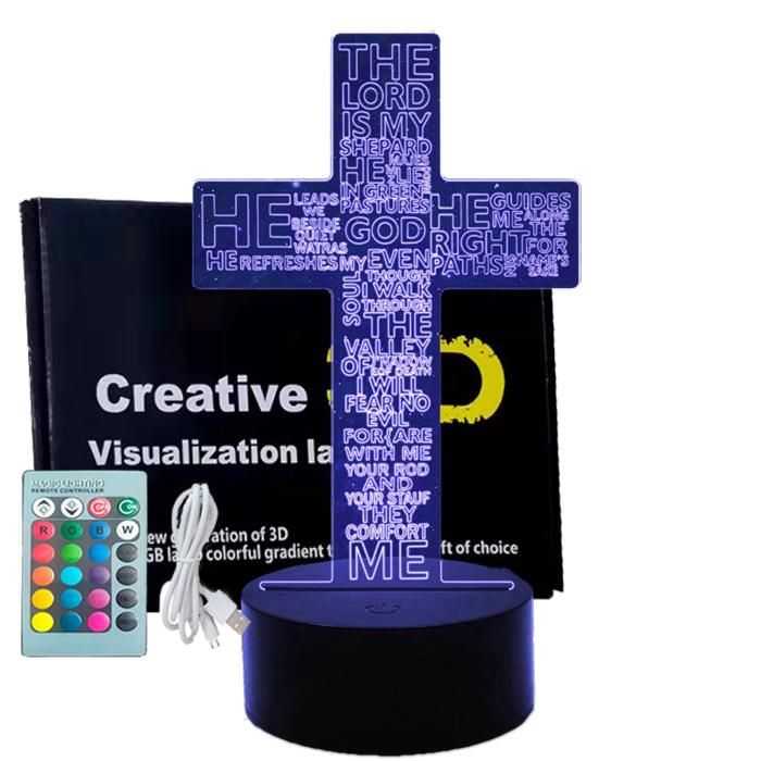 Lampe a Poser 3D Jésus Croix Lampe LED USB Illusion 16 Couleurs Changeantes avec Télécommande Décoration de chambre denfant