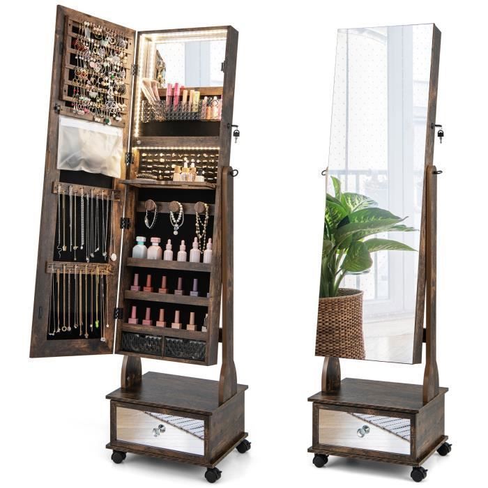 COSTWAY Armoire à Bijoux sur Pied - 4 Roues Verrouillables Miroir Pleine Longueur Lumières LED Tiroir Serrure et Clé - Café