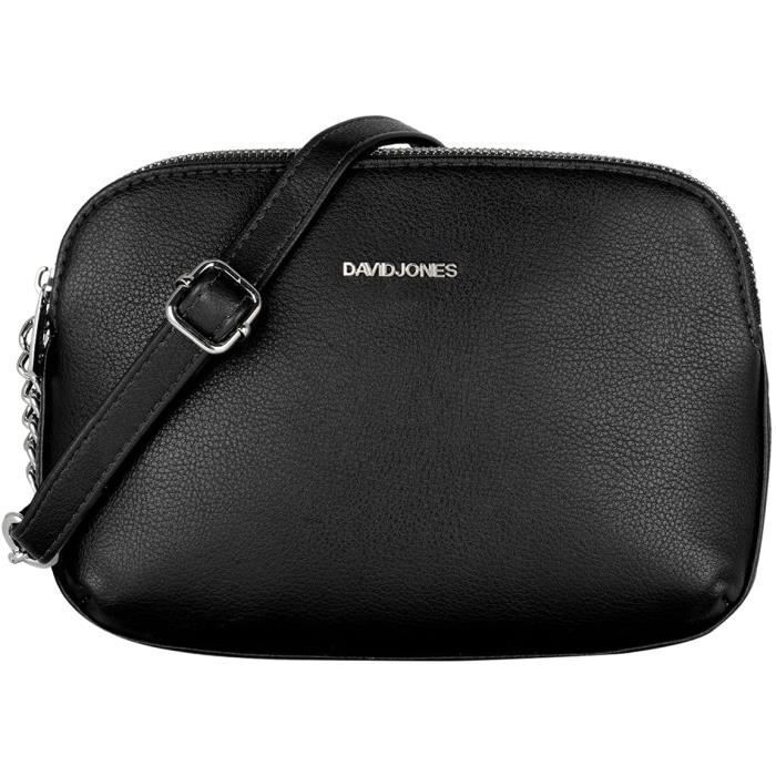 David Jones - Petit Sac Bandoulière Femme Multipoche Zip Simili Cuir Porté Epaule - Besace Sacoche Pochette Poche Multiple - Noir