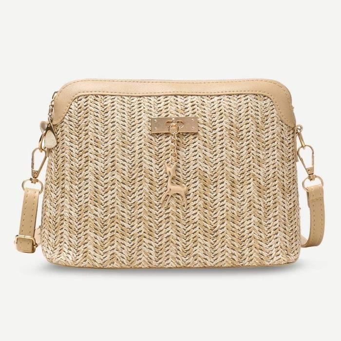 Sac a Bandouliere a la Mode pour Femme Paille Boho Beach Sac a bandouliere Messenger Zip Sac de Plage Paille Femme Cerf Pendentif Cdiscount Bagagerie Maroquinerie