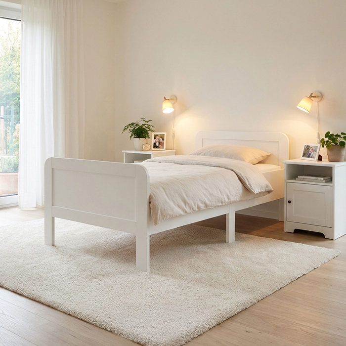 Lit Confort 90x200 cm Blanc Lit Senior Réglable en Hauteur Lit Simple Bois sans Sommier Lit Confort 90x200 cm Blanc Lit Senior Réglable en Hauteur Lit Simple Bois sans Sommier