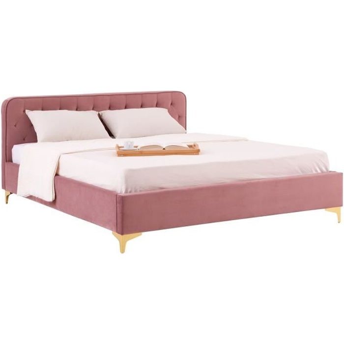 lit double glamour couchage 140x190 cm, avec sommier et pieds en métal doré, style baroque, revêtement en velours capitonné rose