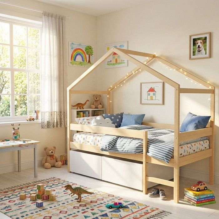 Lit cabane MIKA 90x190 + sommier + 2 tiroirs / Bois clair & blanc Lit cabane MIKA 90x190 + sommier + 2 tiroirs / Bois clair & blanc