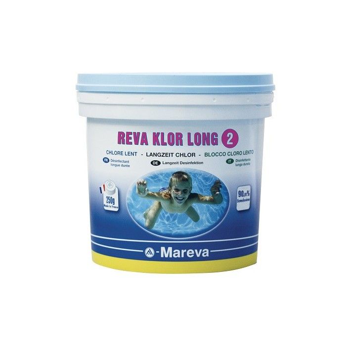 Galet désinfectant piscine - Mareva - Reva Klor long - 250g - Seau 5 kg - Dissolution lente