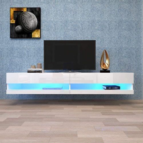 Meuble TV / Meuble de Salon LED Suspendu - 140 cm - Blanc Brillant avec Eclairage LED - 2 Niches Ouvertes - Blanc Brillant