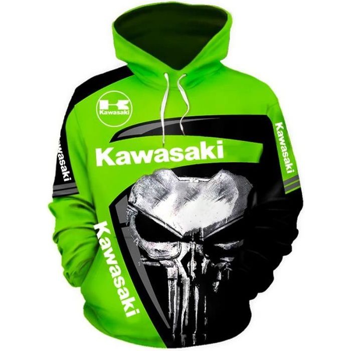 Sweat a capuche homme long Motorcycle Racing Kawasaki FR06HMX Noir beige Vert