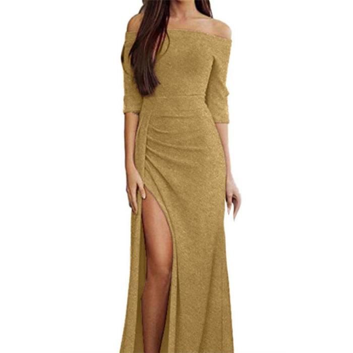 Robe Cocktail Femme Sexy - Manches Longues, épaules Dénudées, Fendue - Coupe Slim, Tissu Brillant - Pour Fête, Soirée