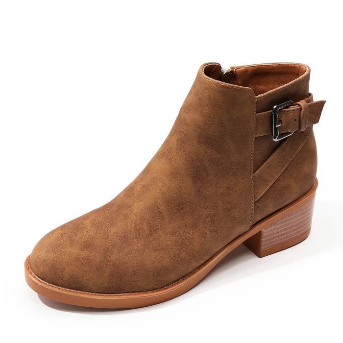 Boots Femme hiver grande taille talon epais mi talon shorts Marron Synthetique Zip Marron Cdiscount Chaussures