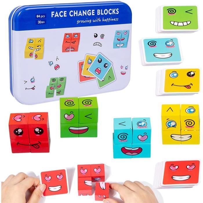 TYFYH Puzzles en Bois Enfant, Puzzle de Expression en Bois, Cube de Construction Emojis, Face Changing Magic Cube, IQ Puzzle de Visage Jouet pour Enfant de Plus de 3 an, avec Sonnette