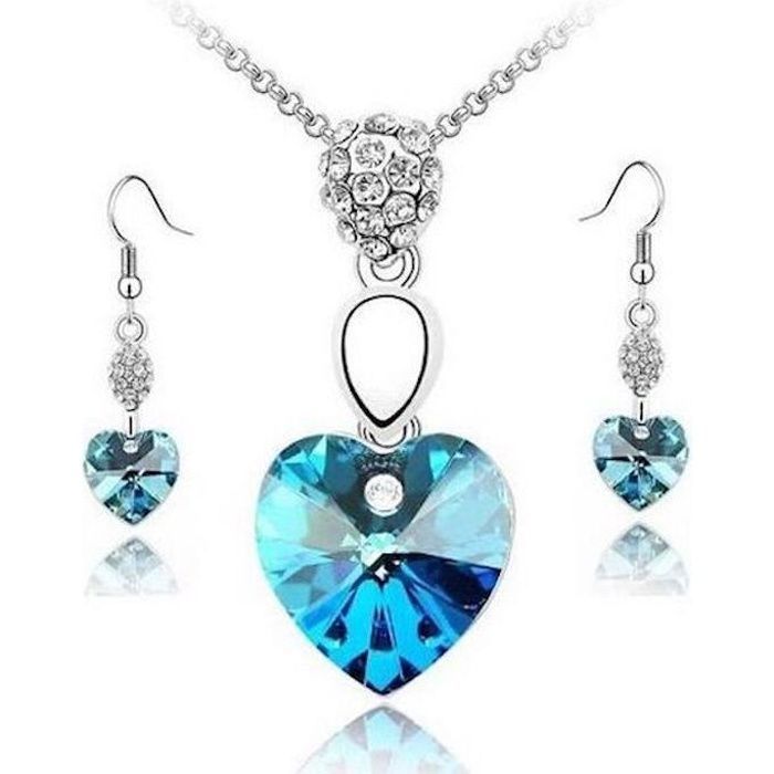 Parure Bijoux Coeur Cristal Swarovski Elements Turquoise Plaqué Or Blanc 750