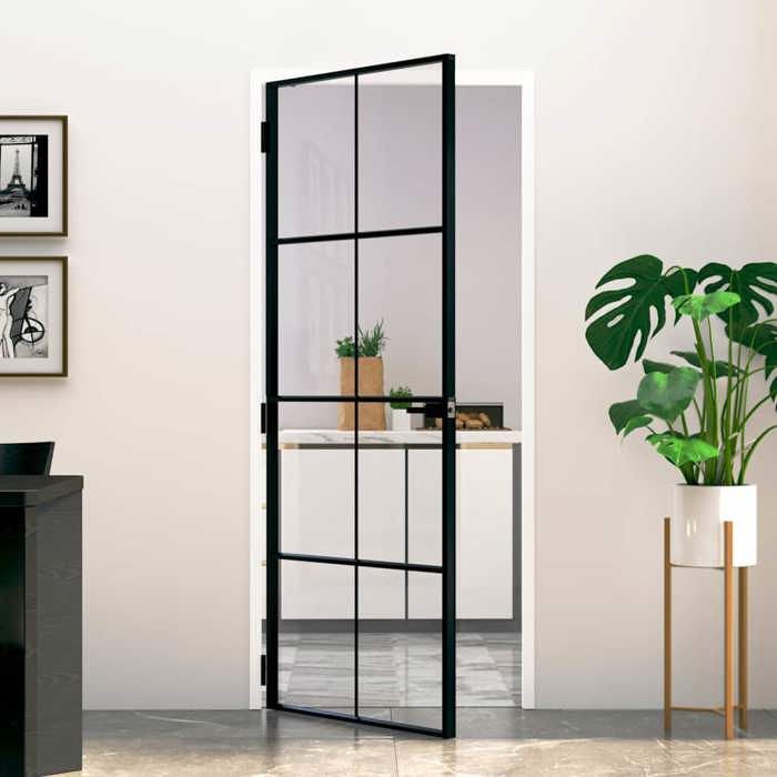 vidaXL Porte dintérieur Noir 83x2015 cm Trempé verre aluminium fin 153663
