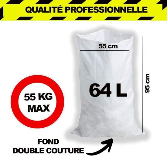 100 Sacs à Gravats Réutilisables 55x95cm 55kg - Polypropylène Tissé Blanc Résistant Chantier Jardin